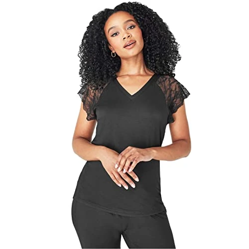 Womens Lace Trim Pyjama Top Black 12 (M)