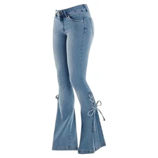 Women's Lace-up Bell Bottom Flared Jeans Mid Waist Stretchy Flare Juniors Jeans Wide Leg Palazzo Lounge Boot Cut Slim Denim Pants Workout Bootleg Trousers Snuggy Fit Stylish Comfy Denim Jeggings