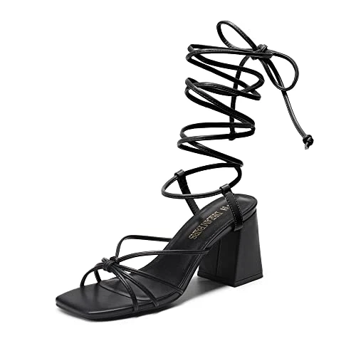 Women's Lace Up Heels Strappy Block Heel Square Open Toe Chunky Sandals for Party Travel Date,Size 5