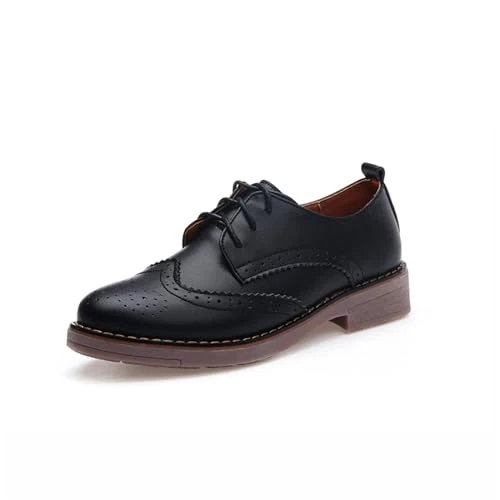 Women's Lace up Oxfords Brogue Leather Shoes Black 6 UK