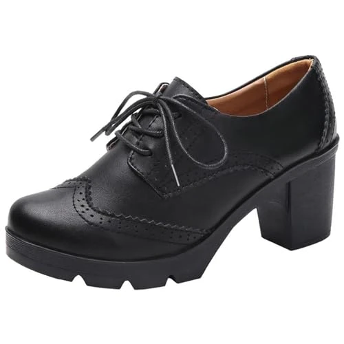 Women's Lace-up Platform Oxfords Mid Block Heel Brogue Shoe Black 4 UK