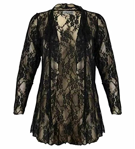 Womens Lace Waterfall Cardigans For Women UK Long Sleeve Open Front Floral Lace Summer Ladies Cardigans Party Wear Top Cover Plus Size Cardigans Casual Black 18