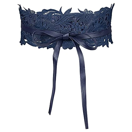 Womens Lace Wide Waist Belt Wrap Around Obi Croset Belts Bowknot Navy Blue 65-80cm/25.59-31.50"