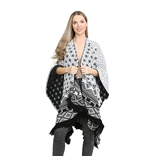 ® Womens Ladies Aztec Knitted Print Reversible Cape Fringe Hem Large Wrap Shawls Poncho(Silver)