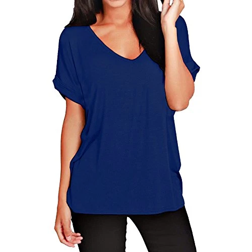 WOMENS LADIES BAGGY LOOSE FIT V NECK TURN UP SHORT SLEEVE TOP T SHIRTS 8-26 (20-22, NAVY)