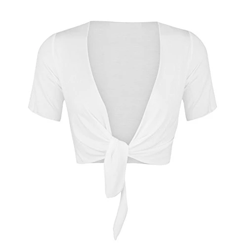 Womens Ladies Cap Short Sleeve Shrug Tie Up Front Crop Bolero Cardigan 8-22 12-14 White
