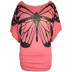 Womens Ladies Celeb Sequin Butterfly Print Off Shoulder Batwing Side Ruched Top/Color: Coral/Size: 20-22