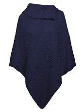 Womens Ladies Chunky Cable Knitted Poncho 3 Button Cape Wrap Shawl Winter Cardigan Jumper Top Navy