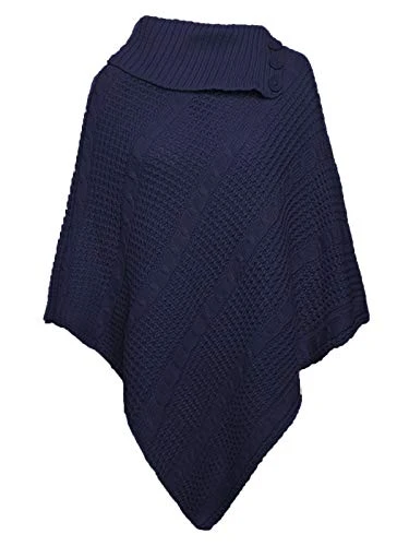 Womens Ladies Chunky Cable Knitted Poncho 3 Button Cape Wrap Shawl Winter Cardigan Jumper Top Navy
