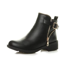 Womens Ladies Chunky Low Heel Buckle Gold Zip Chelsea Biker Ankle Boot, 6 UK, Black Snake