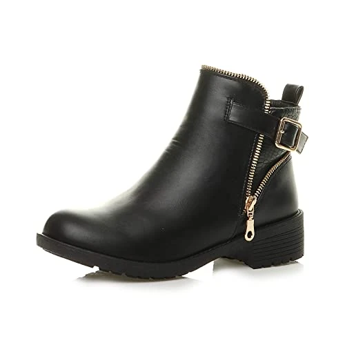 Womens Ladies Chunky Low Heel Buckle Gold Zip Chelsea Biker Ankle Boot, 6 UK, Black Snake