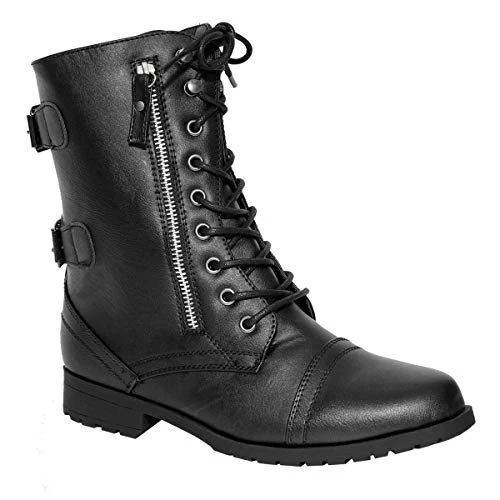 Womens Ladies Combat Army Military Worker Lace Up Flat Biker Zip Ankle Boots Black Faux Leather