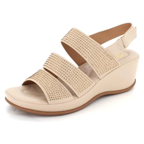 Womens Ladies Crystal Diamante Open Toe Comfort Lightweight Medium Wedge Heel Slip-On Sandals Beige 