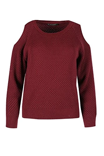 Womens Ladies Cut Out Shoulder Knitted Round Neck Long Sleeves Crop Jumper Wine