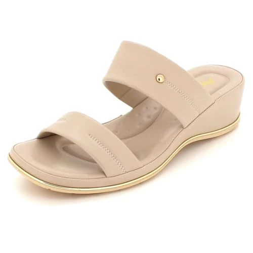 Womens Ladies Diamante Double Strap Open Toe Casual Comfort Slip On Everyday Wedge Heel Sandals Beig