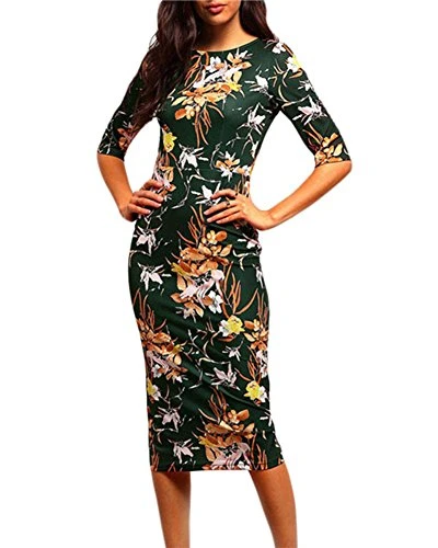 Womens Ladies Elegant 3/4 Sleeve Floral Print Casual Sundress Beach Dress for Summer Holiday L
