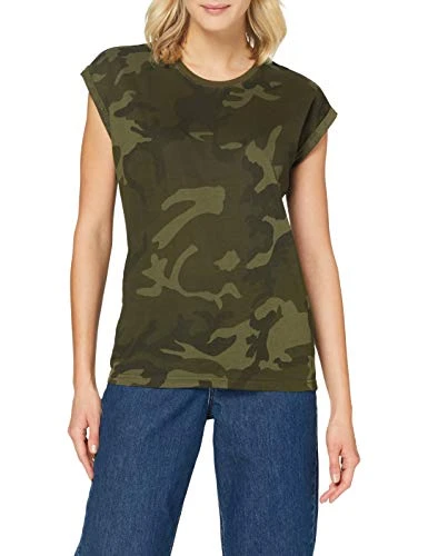 Women's Ladies Extended Shoulder Camo Tee T Shirt, Olive (Olive Camo), S UK
