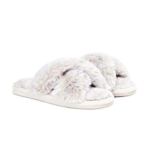 Womens Ladies Faux Fur Rabbit Slippers, Cream, 3/4 UK