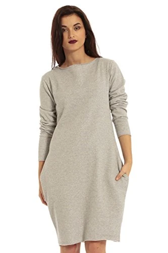 Womens Ladies Fleece Lined Knit Tunic Bodycon Midi Dress Long Jumper Sweatshirt Grey