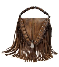 Women's Ladies Genuine Leather Decorative bamboo hand strap Features Fringe Bohemian Tassel Studed Cross Body Bag (Brown)