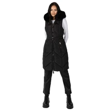 Women's Ladies Gilet Faux Fur Hood Winter Jacket Sleeveless Padded Coat Quilted Belted Longline Body