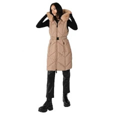 Women's Ladies Gilet Faux Fur Hood Winter Jacket Sleeveless Padded Coat Quilted Belted Longline Body Warmer Outerwear, Mink, 22