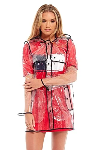 Womens Ladies Girls Transparent Clear Black Waterproof Raincoat Rain Mac [Black L/XL (UK 12/14)]