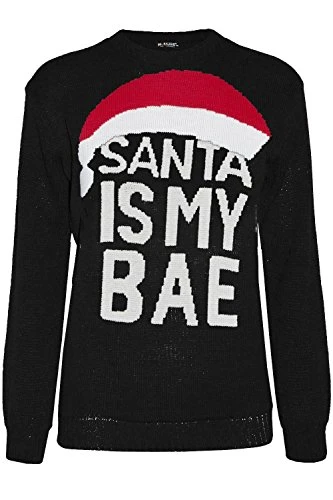 Womens Ladies Knitted Chirstmas Xmas Sweater Santa is My Bae Hat Pullover Jumper Black
