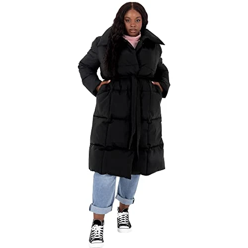 Womens Ladies Long Jacket Quilted With Belt Pockets Hoodless Collar Cuffed Sleeve Waterproof Winter 