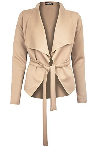 Womens Ladies Long Sleeve Belted Wrap Waterfall Cape Coat Jacket Blazer Cardigan Plus Size (UK 20/22) Stone