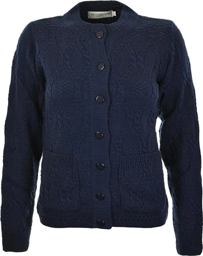 Women's Ladies Long Sleeve Button Top Aran Knitted Cardigan Button Clouse Crew neck UK (10/12, Navy)