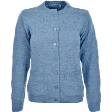 Women's Ladies Long Sleeve Button Top Aran Knitted Cardigan Button Clouse Crew Neck UK (14/16, Sky)