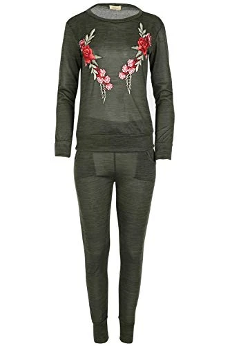 Womens Ladies Long Sleeve Crew Neck Knitted Floral Pattern Sweatshirt Tracksuit