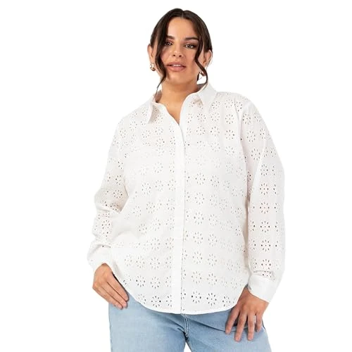 Women's Ladies Long Sleeve Shirt Button-up Broderie Anglaise Floral Side Splits Cotton Casual Summer