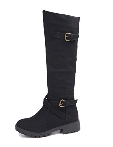 Womens ladies low heel flat stretch wide calf zip buckle strap riding biker boots Black 6 UK