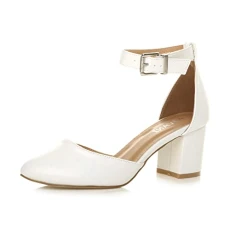 Womens Ladies Low mid Block Heel Ankle Strap Court Shoes Sandals, White Matte, 5 UK