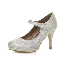 Womens Ladies mid high Heel Mary Jane Strap Evening Court Shoes Pumps, 4 UK, Silver Mesh Glitter