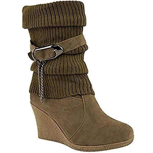 Womens Ladies Mid High Heel Wedge Platform Biker Knitted Collar Slouch Winter Comfort Warm Knee Calf