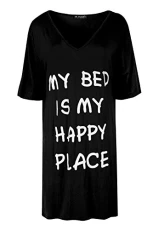 Womens Ladies My Bed is My Happy Place V Neck Baggy Oversized Mini PJ Dress Black