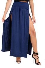 Womens Ladies New Double Split High Waist Side Slit Plain Basic Stretch Summer Long Maxi Skirt Navy Blue