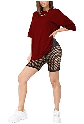 Womens Ladies New Longline Baggy T-Shirt Top Fishnet Cycling Shorts 2 Pcs Set Summer Sports Loungewear Wine