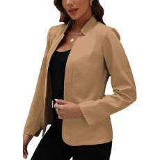 Womens Ladies New Plain 3/4 Sleeve Open Front Cropped Blazer Jacket Coat Tops Womens Open Front Blazer Notched Lapel Suit Khaki L