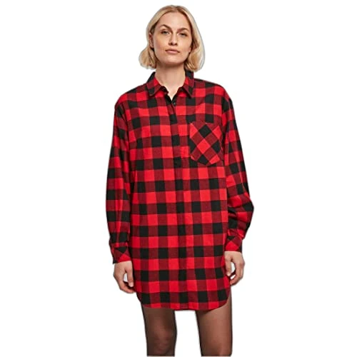 Women's Ladies Oversized Check Flannel Shirt Dress Casual, black/red, M