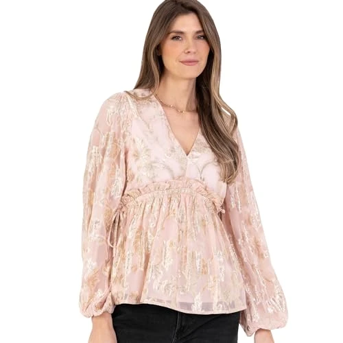 Women's Ladies Peplum Top Long Sleeve V-Neckline Gold Foiled Floral Jacquard Gathered Waist Ruffle F