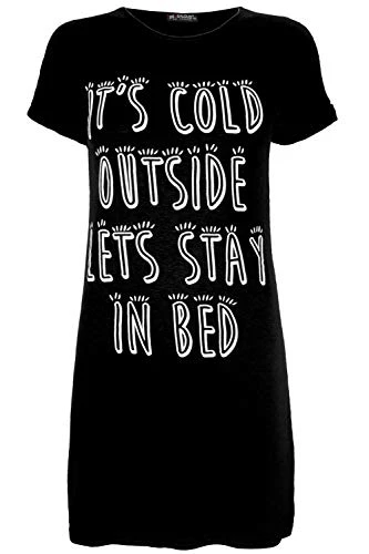 Womens Ladies PJ Shirt Its Cold Outside Lets Stay On Bed Baggy Tunic Night Dress
