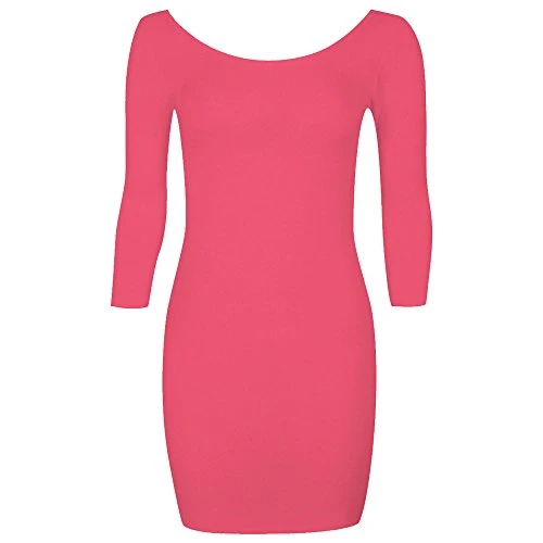 Womens Ladies Plain 3/4 Sleeve Bodycon Long Top Mini Tunic Plus Size Dress, 12-14, Coral - Ladies 3/4 Sleeve Tunic
