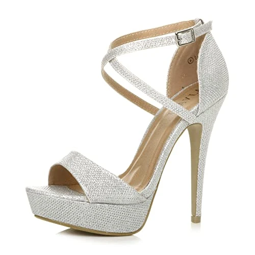 Womens Ladies Platform high Heel Peeptoe Cross Over Strappy Shoes, 5 UK, Silver Shimmer