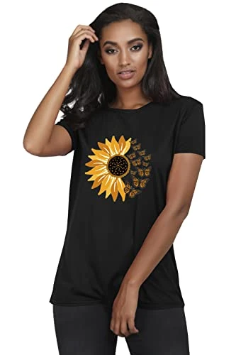 Womens Ladies Printed Baggy Oversized Casual Short Sleeve Stretch Basic T Shirts Sunflower Print Black Plus Size (UK 28/30)