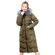 Womens Ladies Quilted Coat Puffer Fur Collar Hooded Jacket Parka Warm Winter Long Coat （Army Green,L