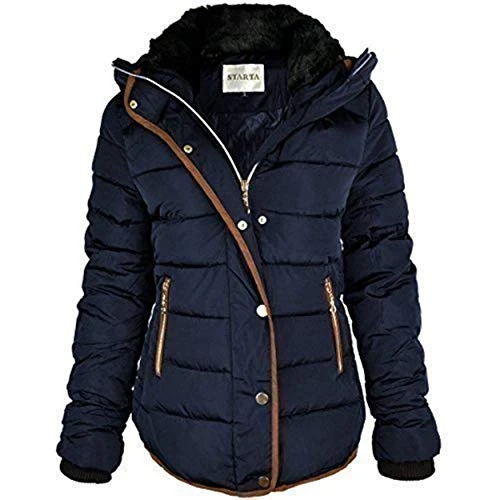 Womens Ladies Quilted Winter Coat Puffer Fur Collar Hooded Jacket Parka Size New (UK 12, Navy Blue/Brown Trim)